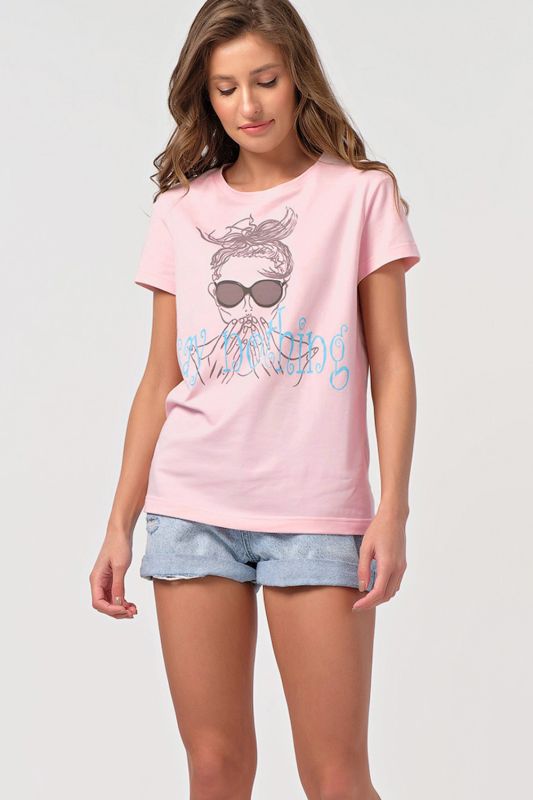 Straight knit T-shirt with print in pink