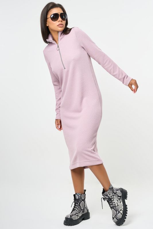 Dusty pink knitted straight midi long sleeve dress