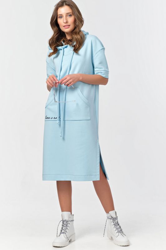 Short Sleeve Hoodie Dress with Fouter Fleece in sky blue