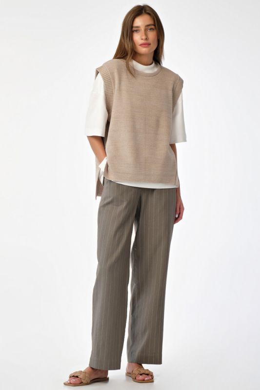 Asymmetrical knitted over-size vest with slits on sides light beige melange