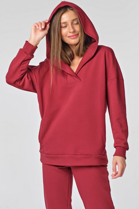 Sporty knitted cotton hooded sweatsuit in burgundy