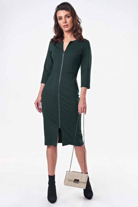 Dark green knitted midi dress with lock in front