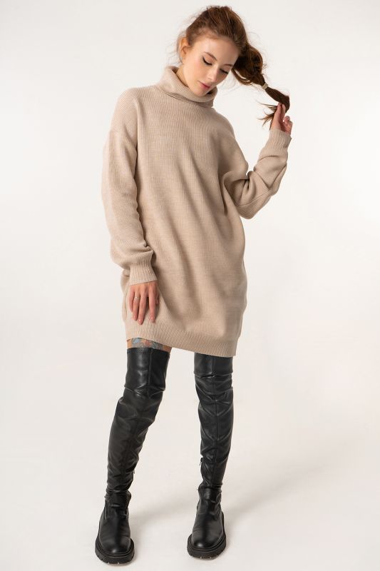 Warm knitted dress with high neck milk melange