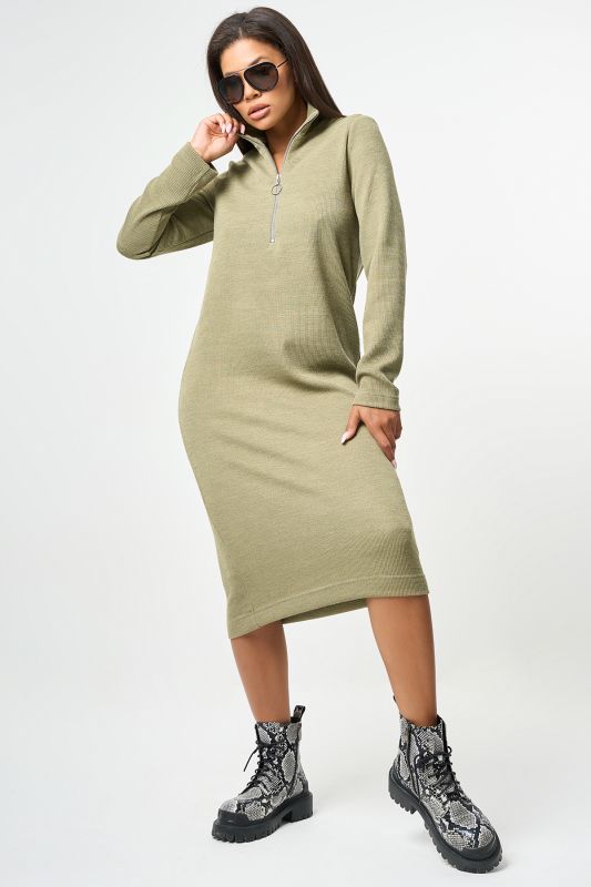 Long sleeve knitted straight midi dress in olive color