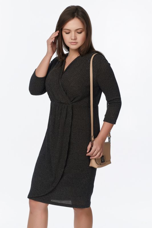 Large size black knitted fit-and-flare dress with flap