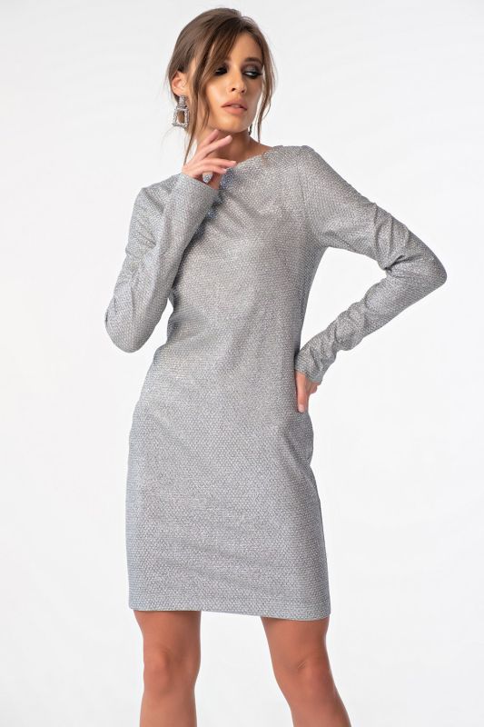 Grey metallized shiny fabric dress with metallized overlay