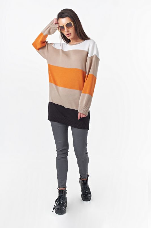 Beige-orange striped warm knitted over-size tunic