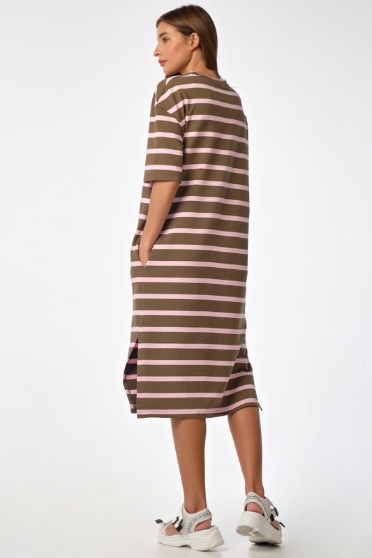 Khaki striped futer fleece straight midi dress