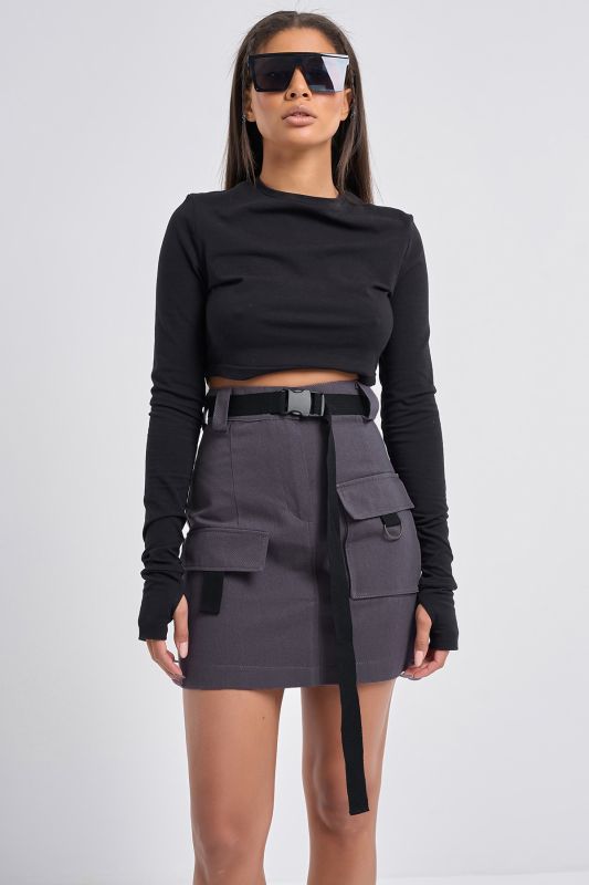 Cotton fabric kargo skirt with waistband graphite