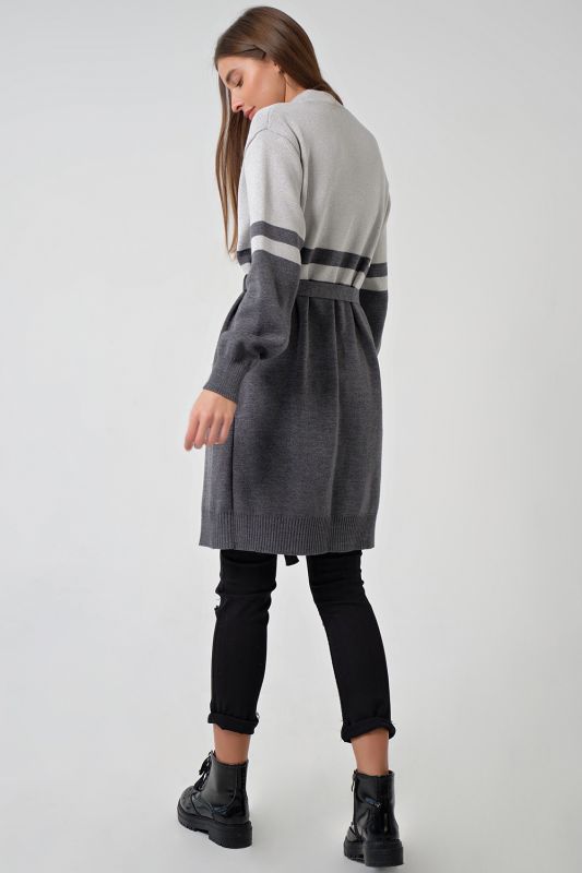 Long knitted cardigan with belt gray