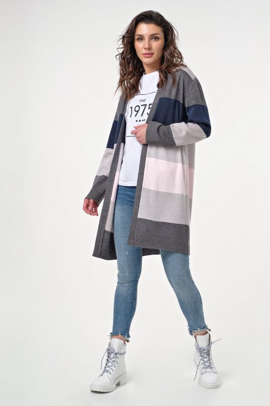 Cardigan knitted long striped cardigan light gray