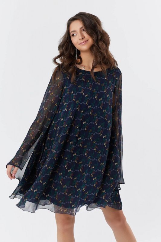 Long sleeve loose chiffon dress in navy blue