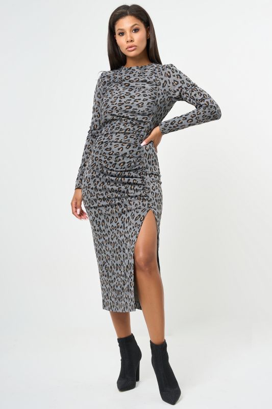 Leopard slit midi dress with leg slit on gray