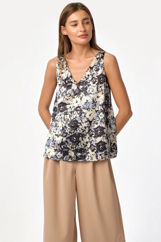 Satin base top with floral print on beige