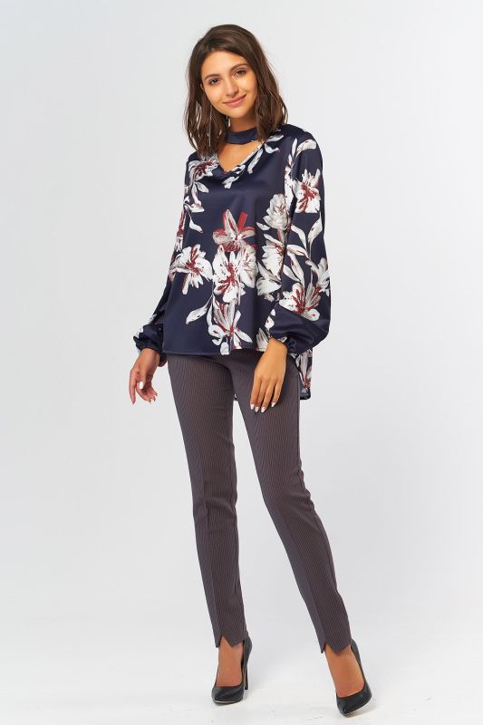 Wide Sleeve Straight Blouse with Floral Print on Blue