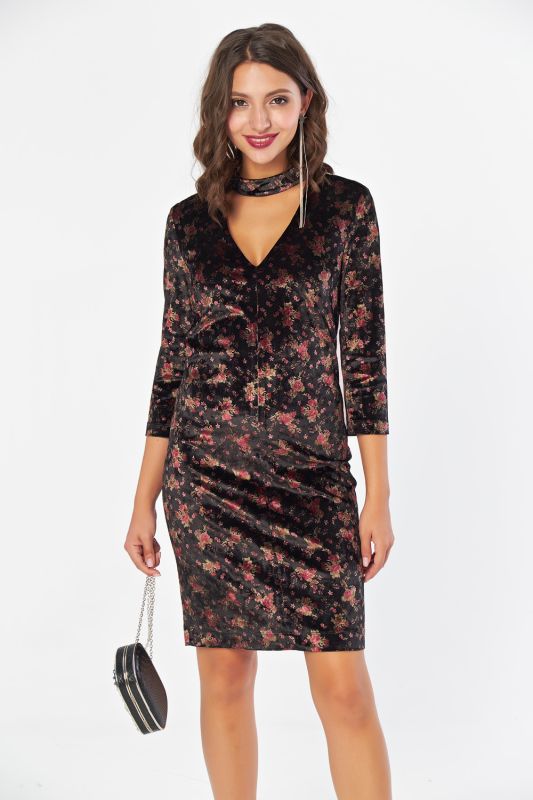 Black velvet tight dress with print on black