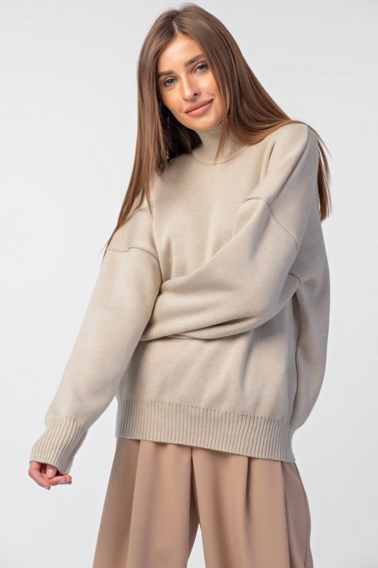 Warm knitted sweater with high neck, milk color