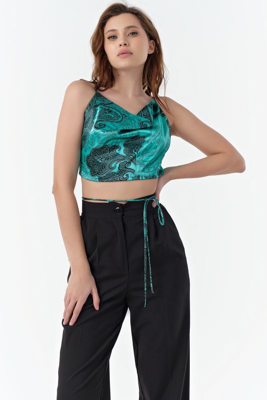 ONE SIZE paisley print satin strappy cropped top