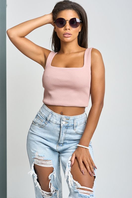 Cropped knit top with straps in dusty pink