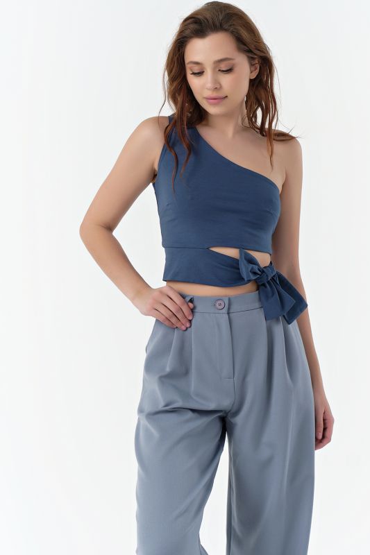 Indigo one shoulder knit cropped top