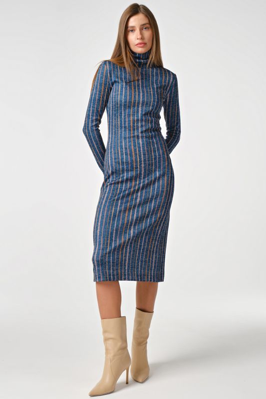 Long sleeve striped knitted midi dress on blue