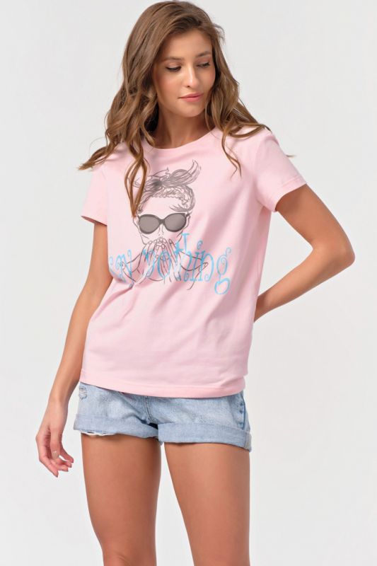 Straight knit T-shirt with print in pink