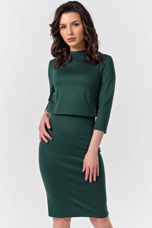 Warm knee-length dress for office dark green