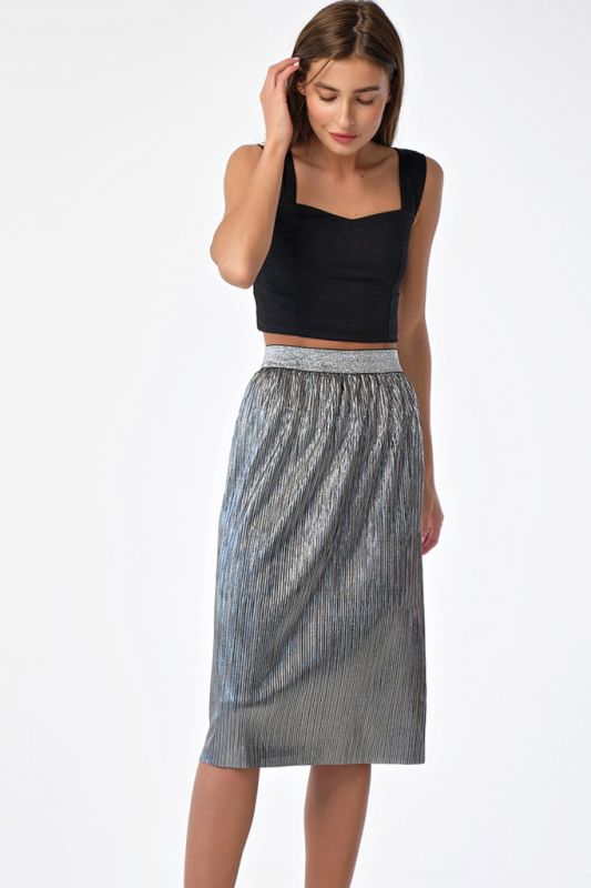 Silver-black shiny knitted midi skirt with elastic band