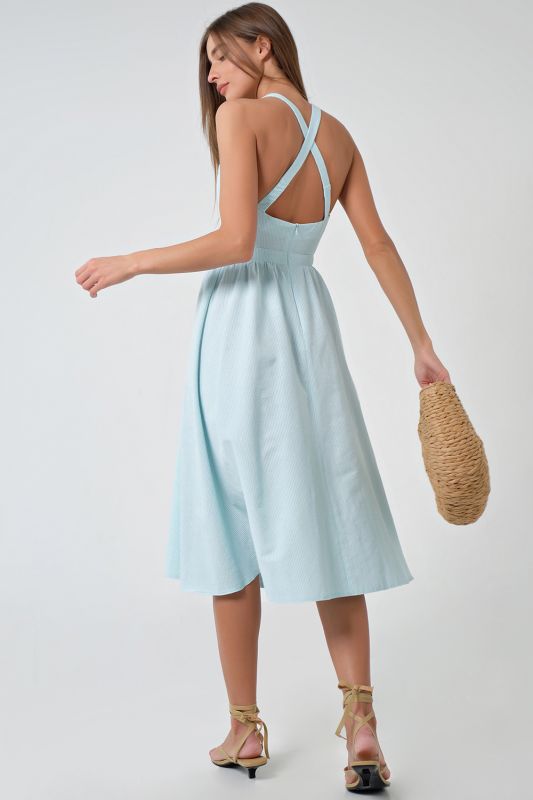 Striped cotton summer midi dress on turquoise