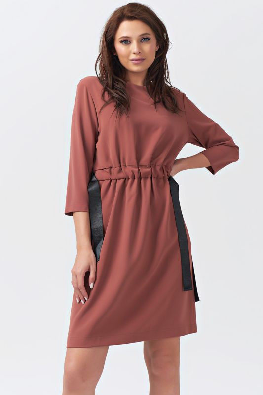 Pale terracotta straight casual dress with waist cuff in pale terracotta