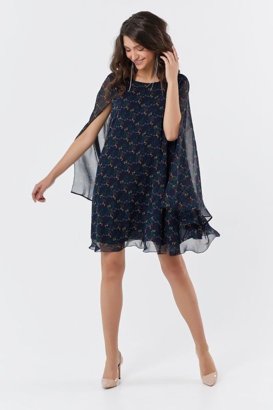 Long sleeve loose chiffon dress in navy blue