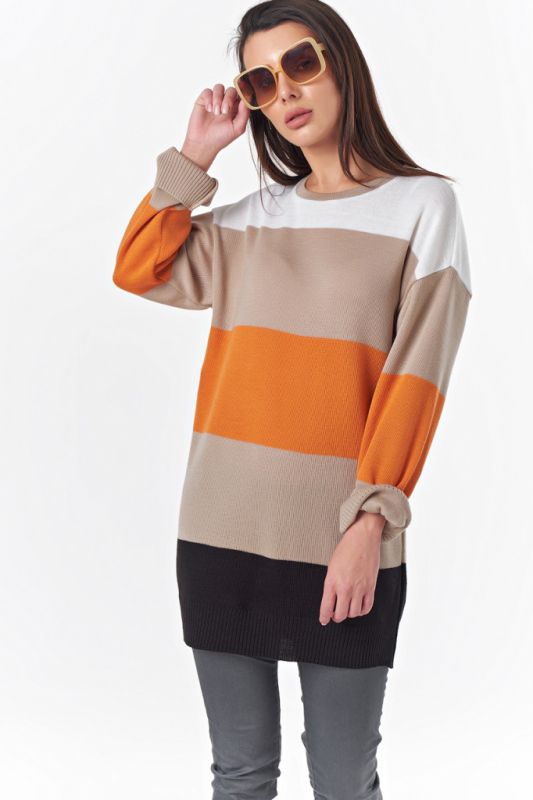 Beige-orange striped warm knitted over-size tunic