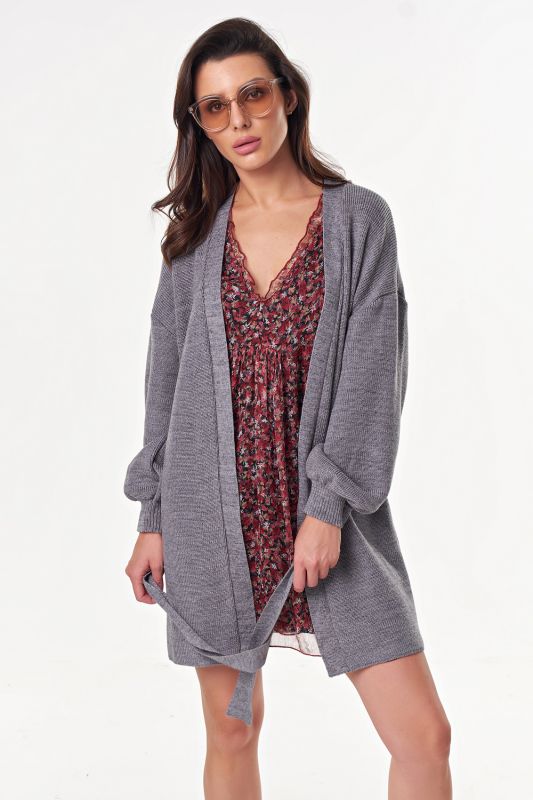 Knitted straight cardigan with belt gray melange