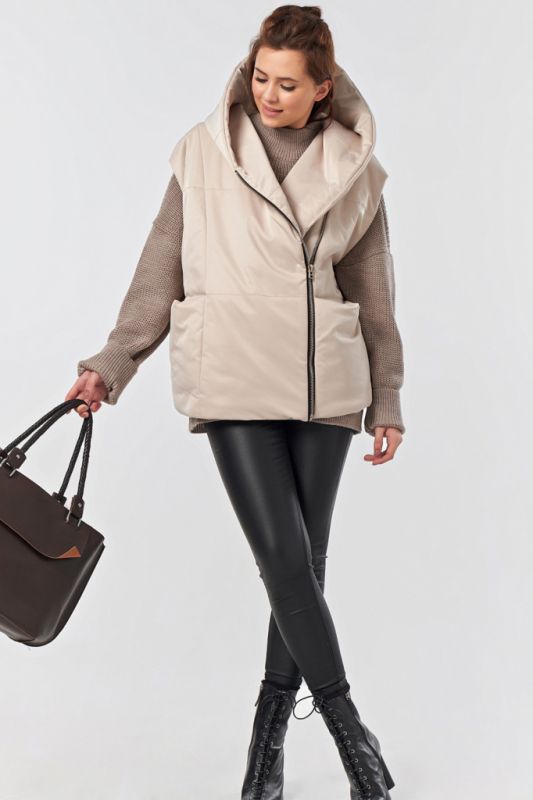 Insulated Overcoat with Zipper Hooded Oversize Vest Beige