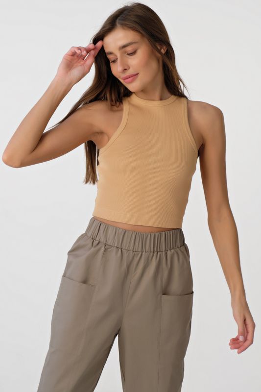 Beige cotton cropped top knitted with American armhole