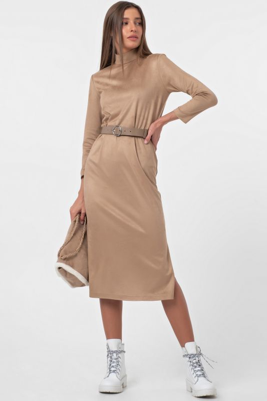 Sand suede midi dress with slits on the sides