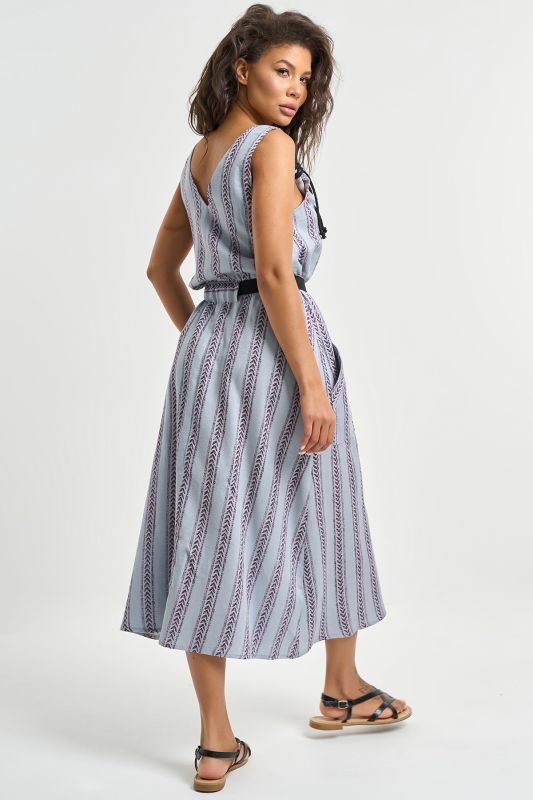 Cotton dress with belt print on gray-blue