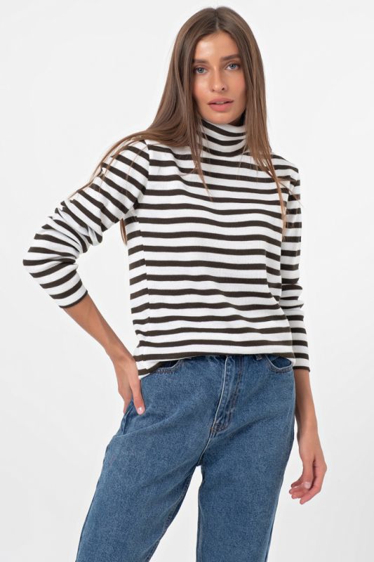 Milky khaki striped high neck knitted sweater