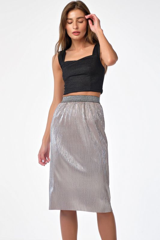 Silver shiny knitted midi skirt with elastic band