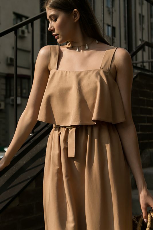 Sandy summer midi dress with flounce on the chest