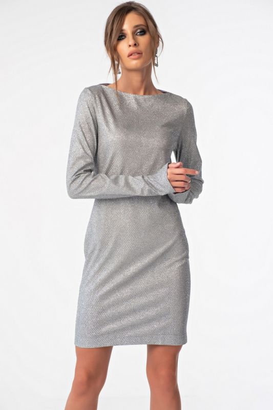 Grey metallized shiny fabric dress with metallized overlay