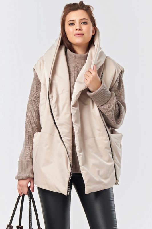 Insulated Overcoat with Zipper Hooded Oversize Vest Beige