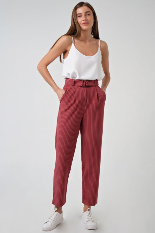 Classic shortened straight pants with white stripes on red