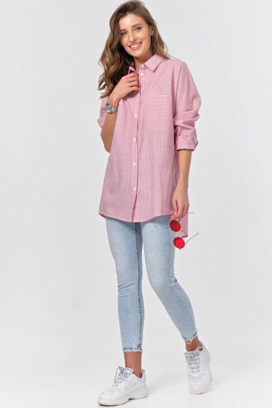 Long Sleeve Striped Cotton Oversize Shirt on Red