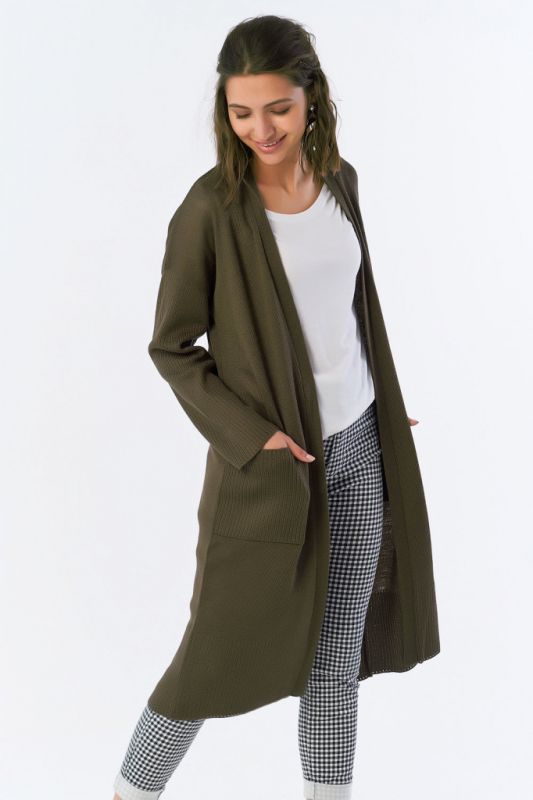 Long loose knitted cardigan without clasp khaki