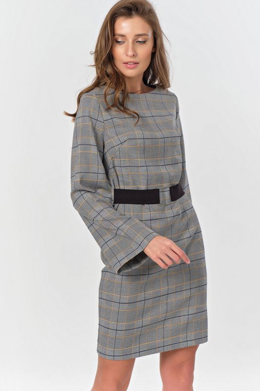 Long sleeve fitted dress with plaid on gray