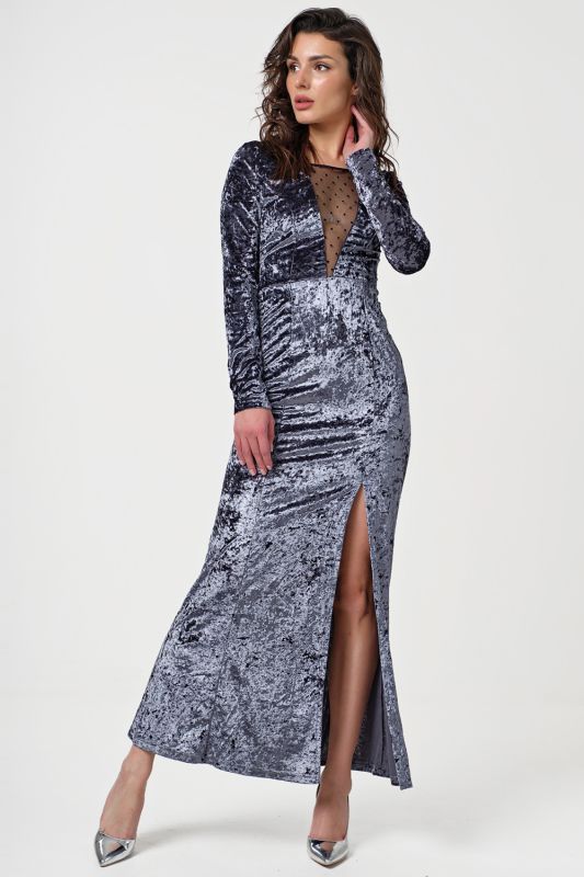 Long velvet evening dress with mesh insert smoky blue