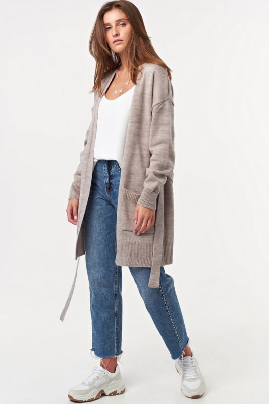 Long knitted cardigan with belt gray-beige melange