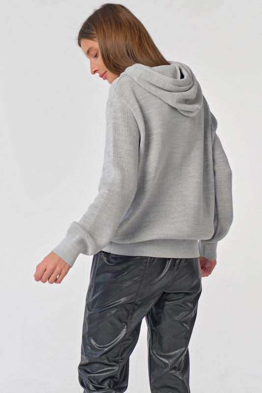 Light gray cotton hooded knitted over-size sweater with overhang