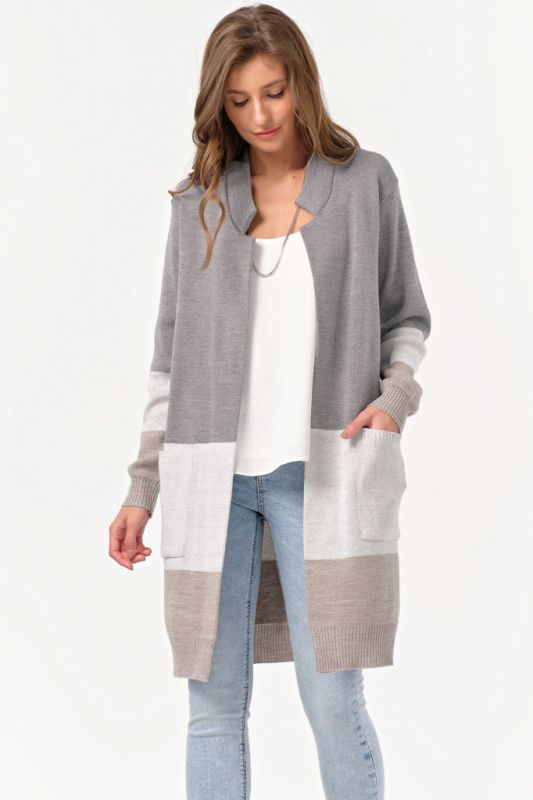 Long striped knitted cardigan gray-beige